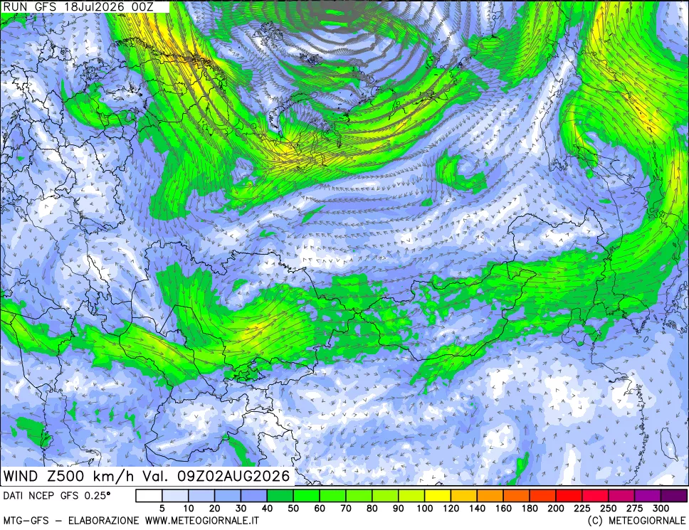 mappa 500 hPa Vento forza e direzione