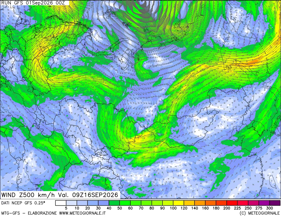 mappa 500 hPa Vento forza e direzione