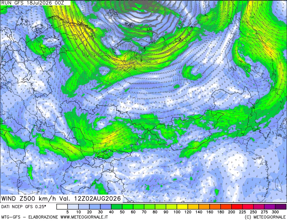 mappa 500 hPa Vento forza e direzione