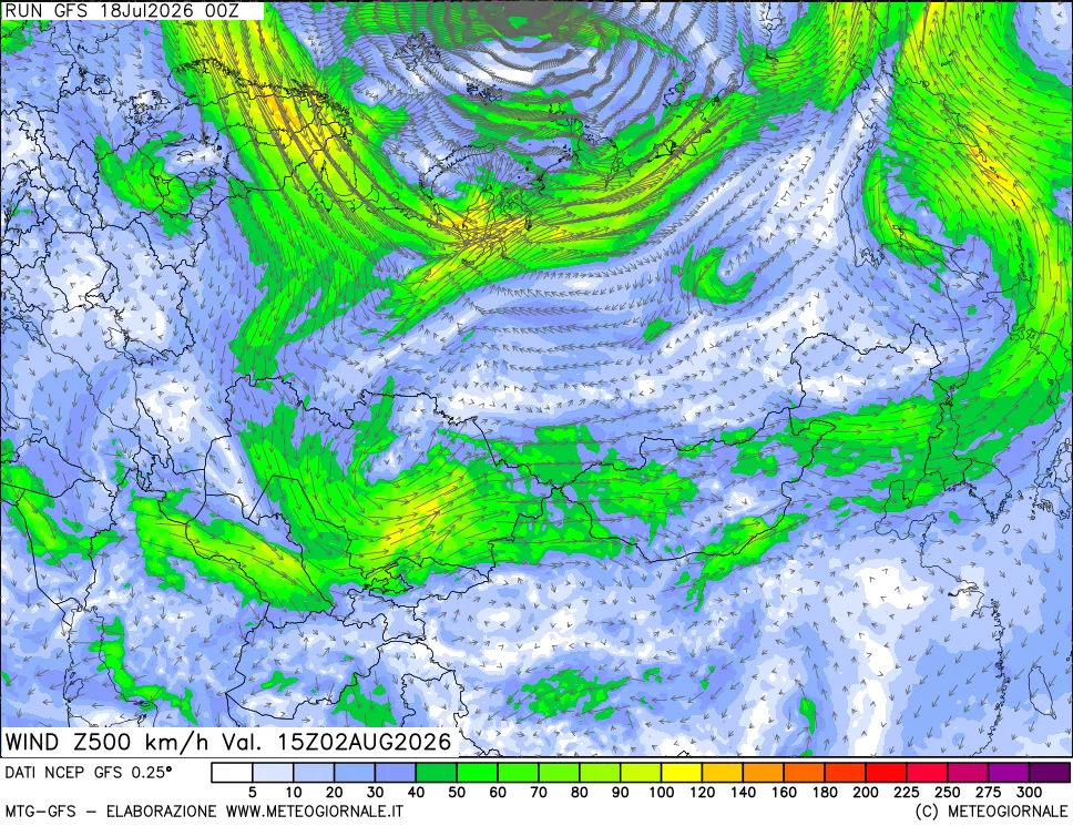 mappa 500 hPa Vento forza e direzione