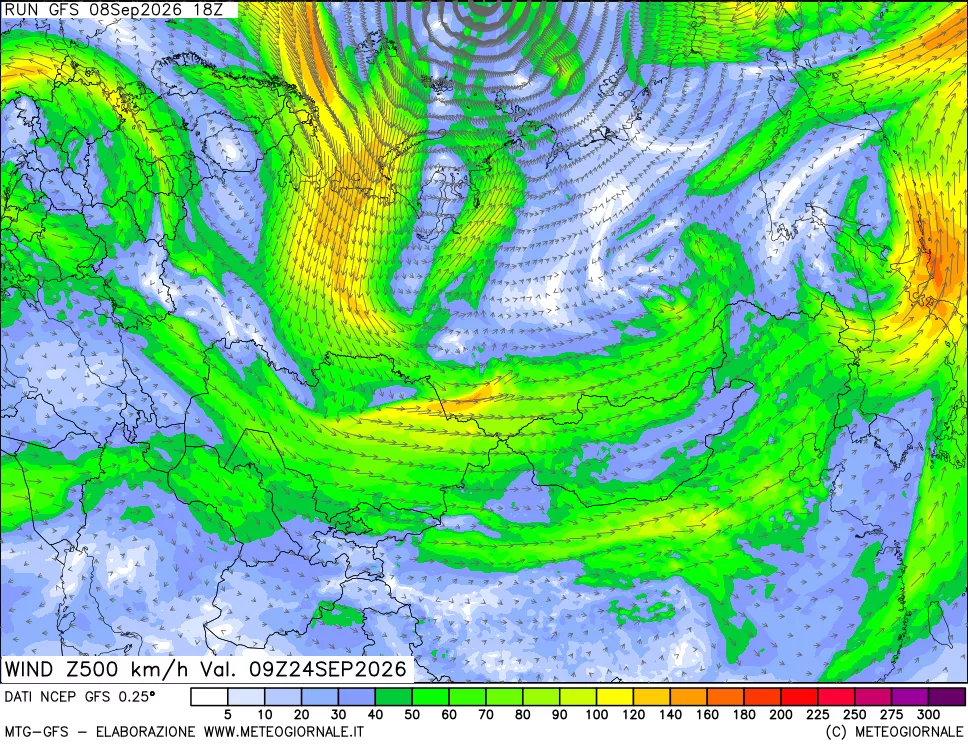 mappa 500 hPa Vento forza e direzione