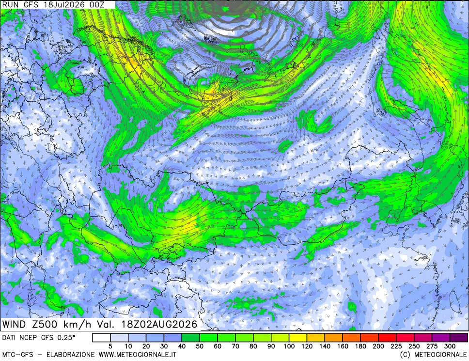 mappa 500 hPa Vento forza e direzione