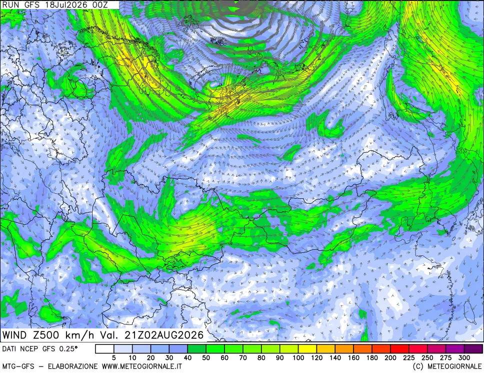 mappa 500 hPa Vento forza e direzione