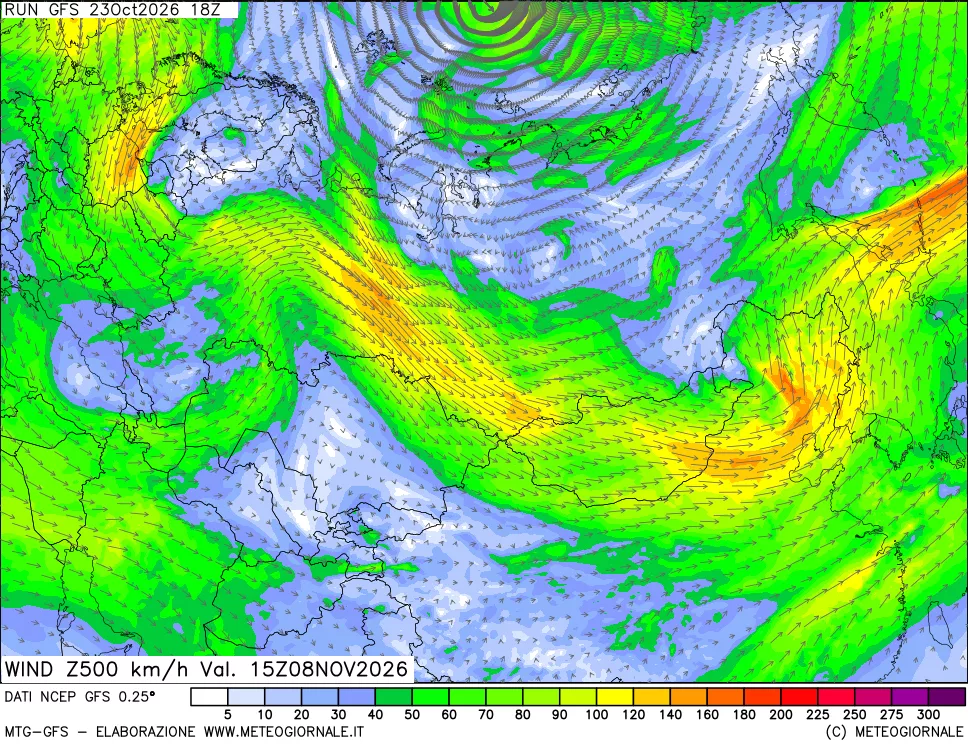 mappa 500 hPa Vento forza e direzione