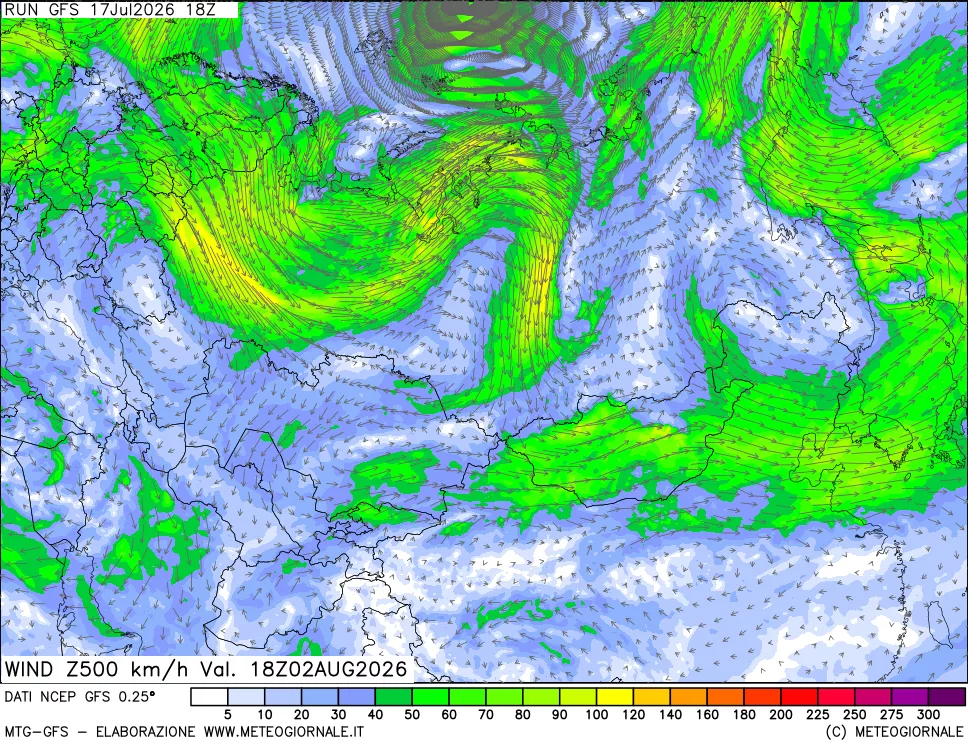 mappa 500 hPa Vento forza e direzione