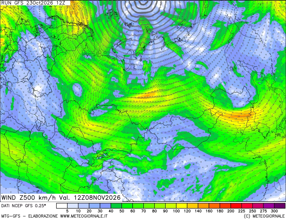 mappa 500 hPa Vento forza e direzione