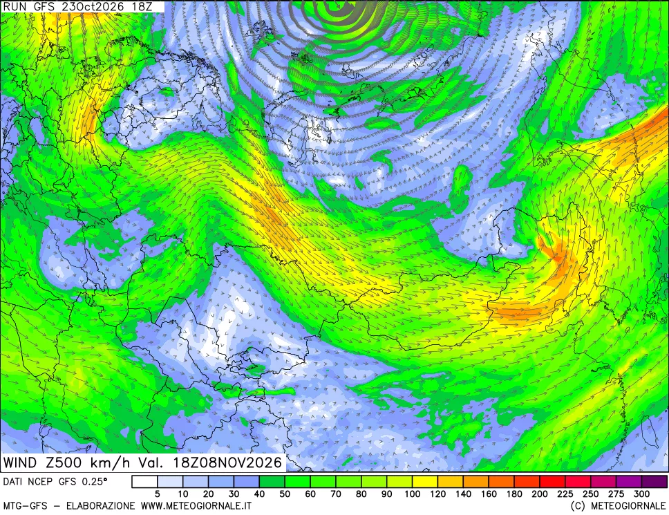 mappa 500 hPa Vento forza e direzione