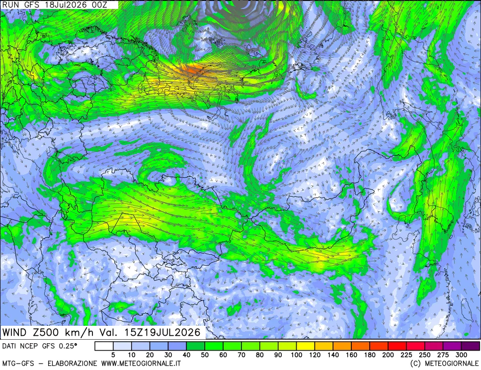 mappa 500 hPa Vento forza e direzione