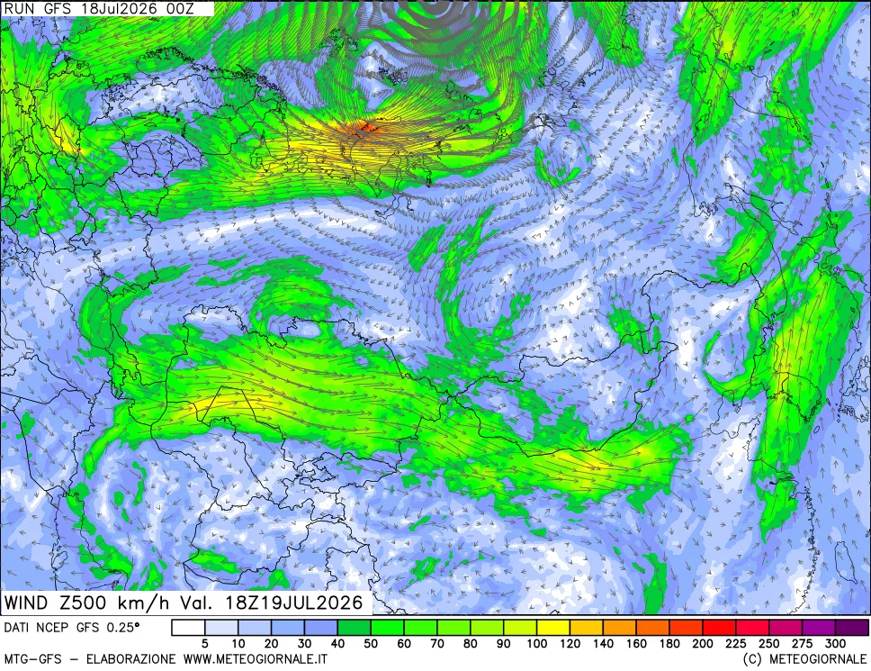 mappa 500 hPa Vento forza e direzione