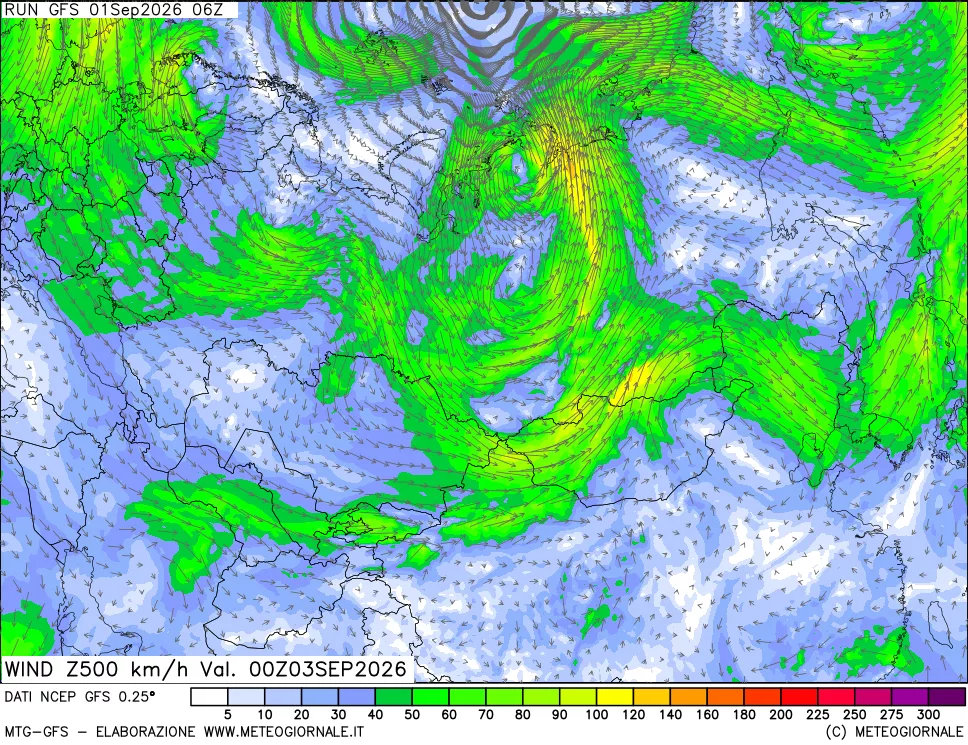 mappa 500 hPa Vento forza e direzione
