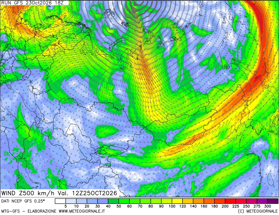 mappa 500 hPa Vento forza e direzione