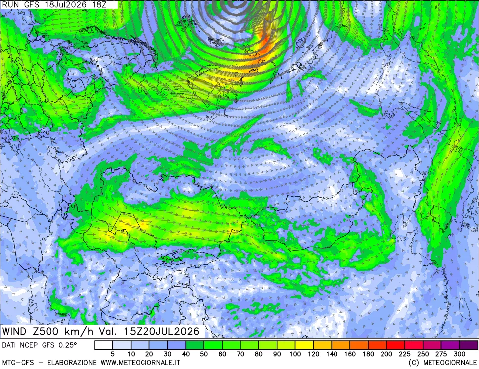 mappa 500 hPa Vento forza e direzione