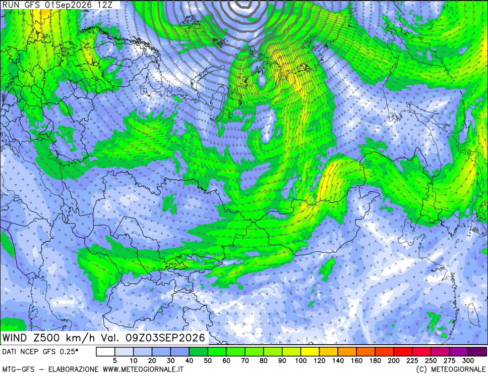 mappa 500 hPa Vento forza e direzione
