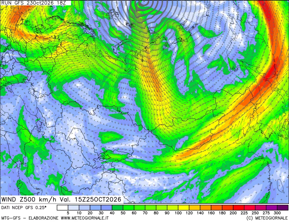mappa 500 hPa Vento forza e direzione