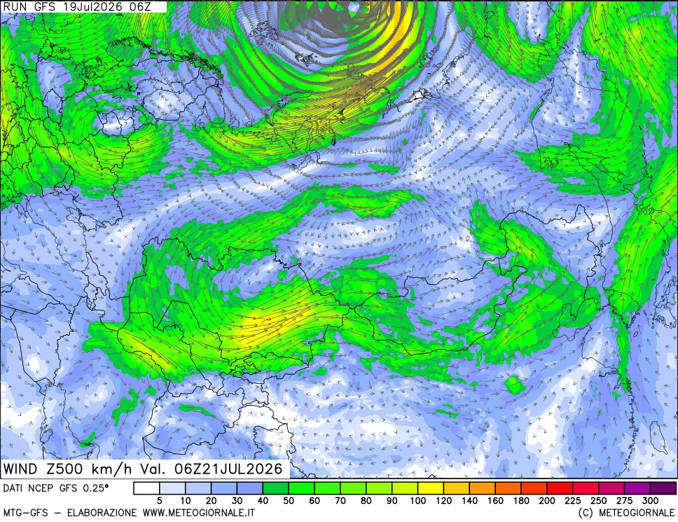 mappa 500 hPa Vento forza e direzione