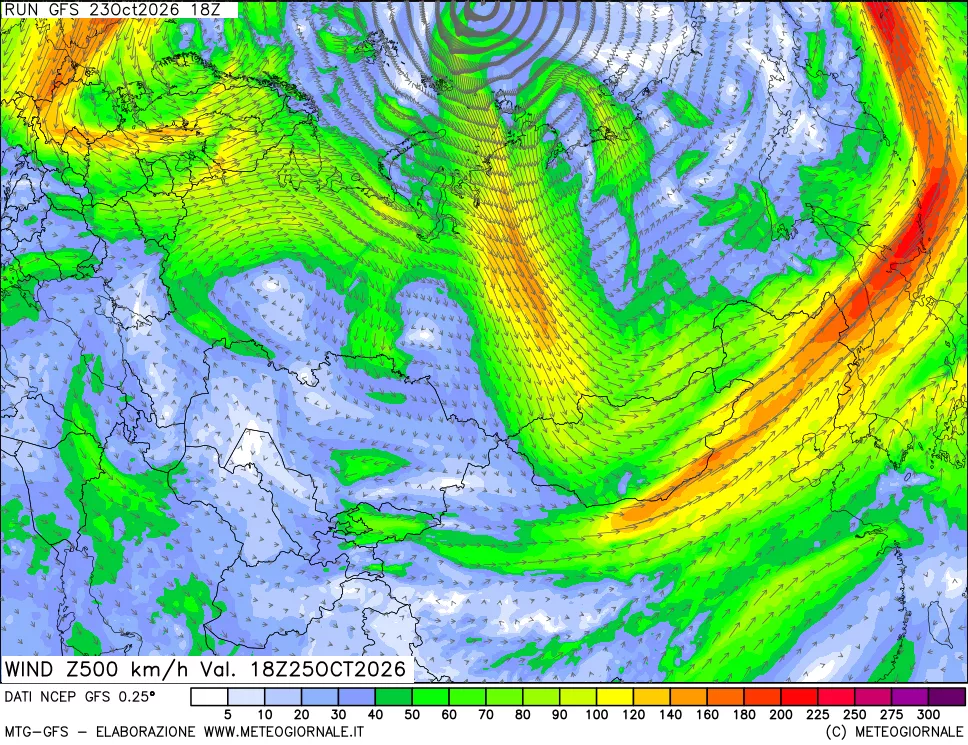 mappa 500 hPa Vento forza e direzione