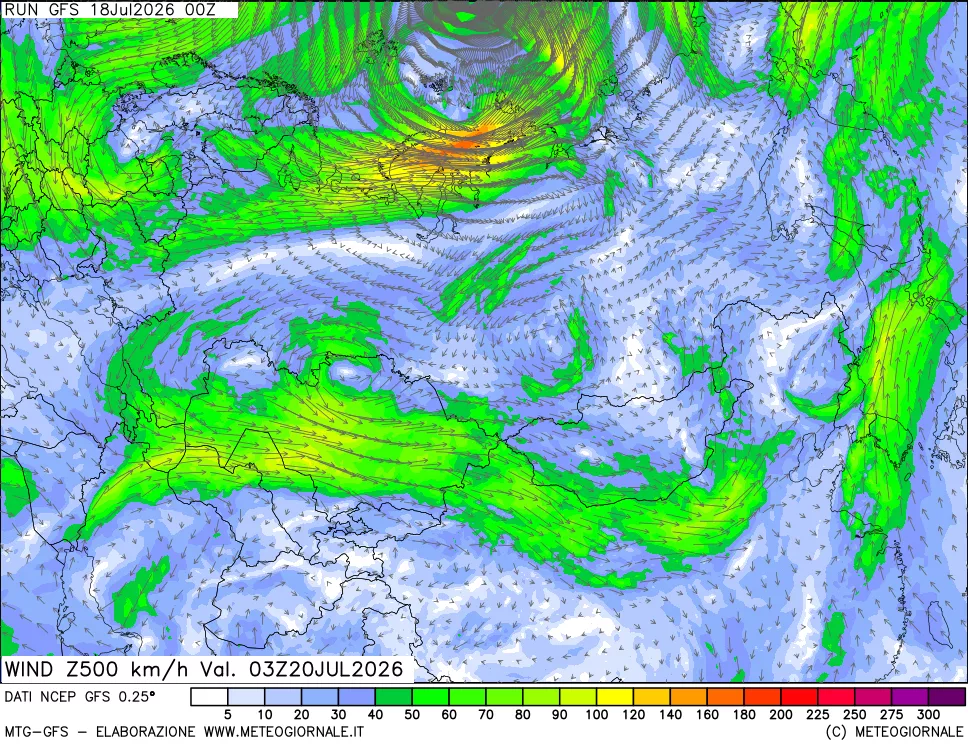 mappa 500 hPa Vento forza e direzione
