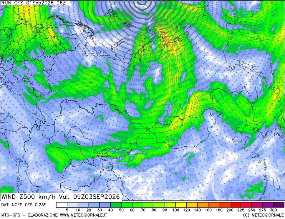 mappa 500 hPa Vento forza e direzione