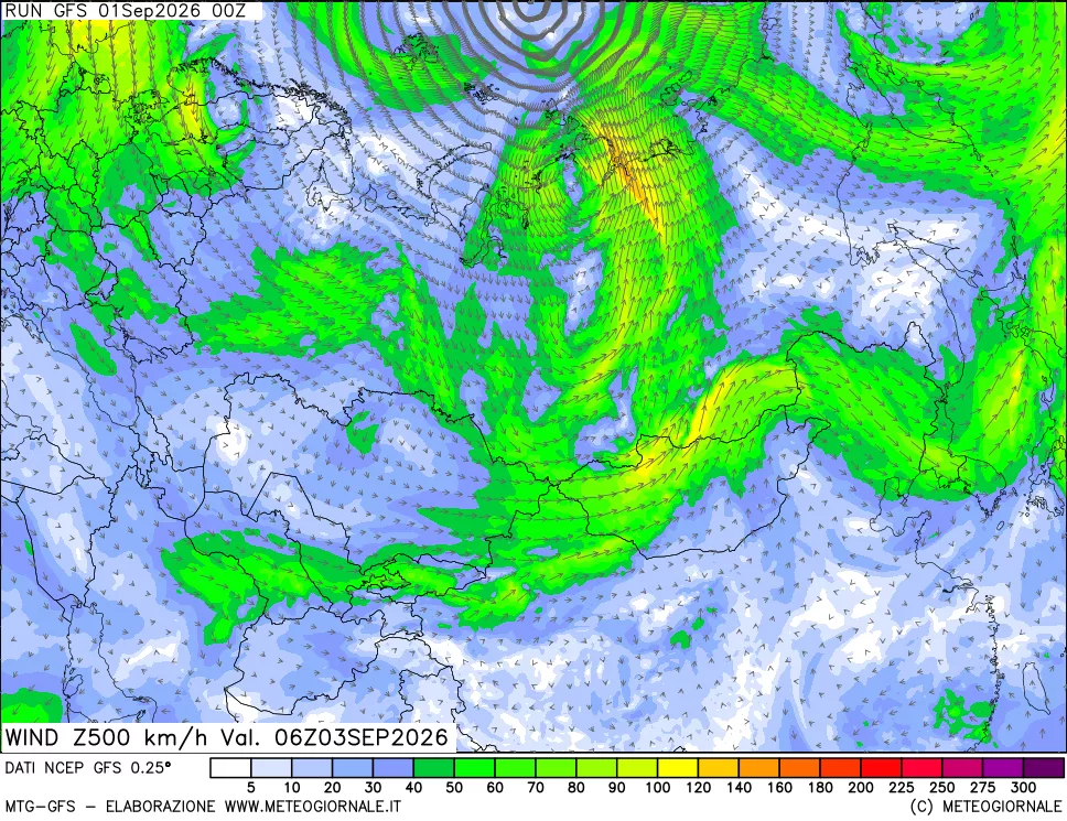 mappa 500 hPa Vento forza e direzione