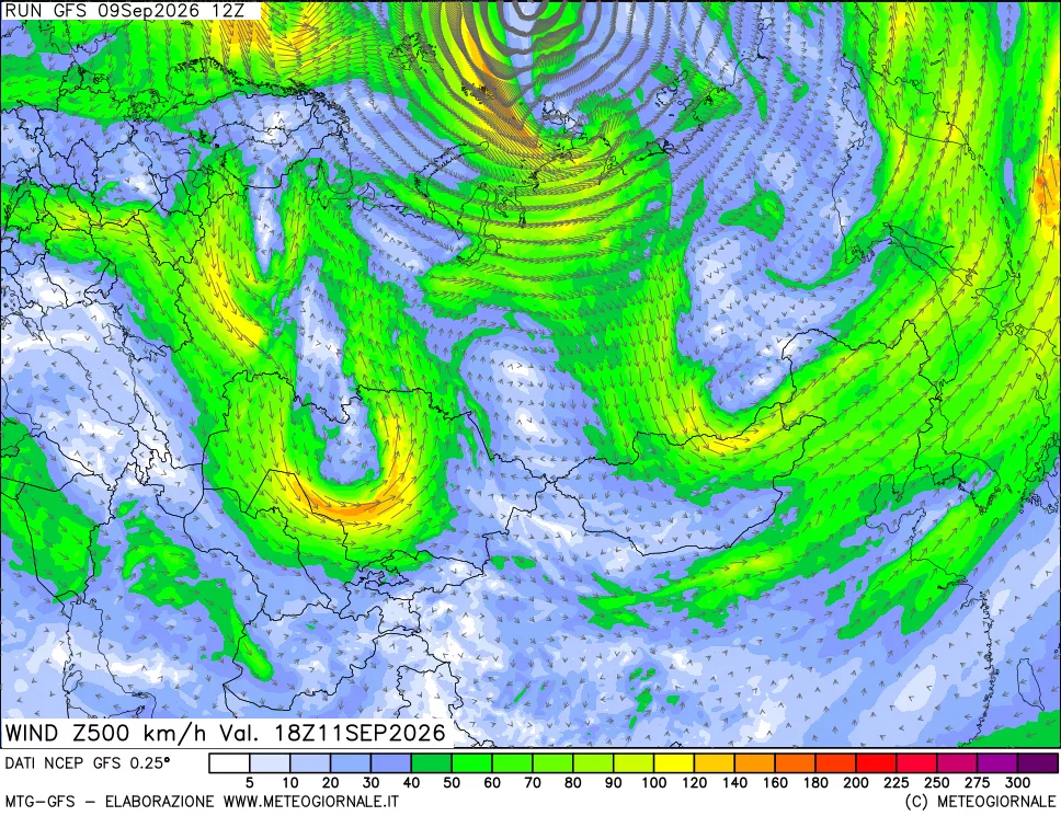 mappa 500 hPa Vento forza e direzione