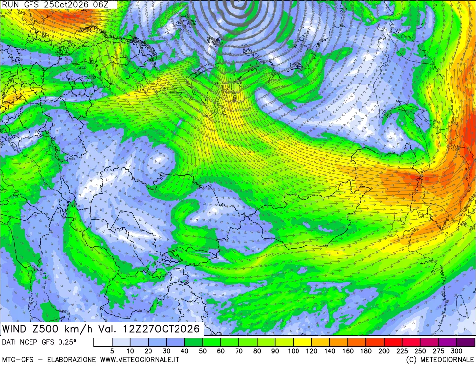mappa 500 hPa Vento forza e direzione