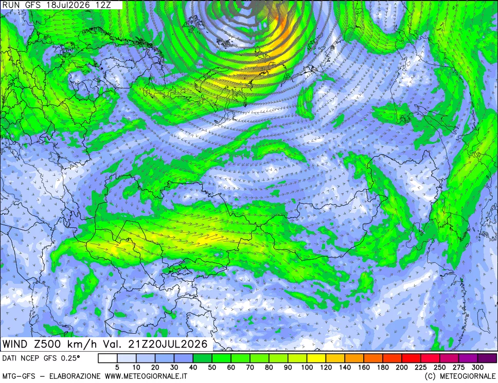mappa 500 hPa Vento forza e direzione
