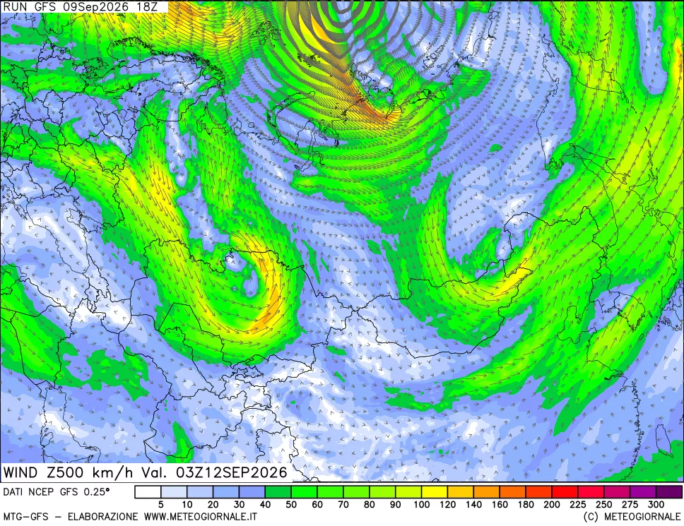 mappa 500 hPa Vento forza e direzione