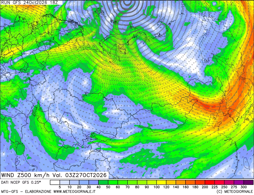 mappa 500 hPa Vento forza e direzione