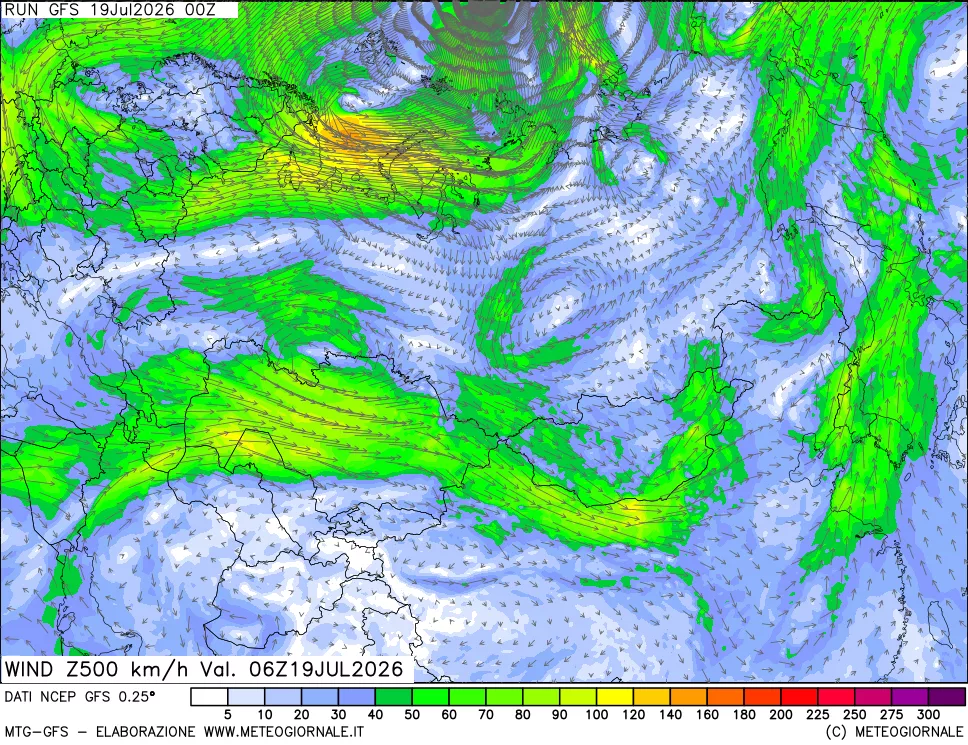 mappa 500 hPa Vento forza e direzione
