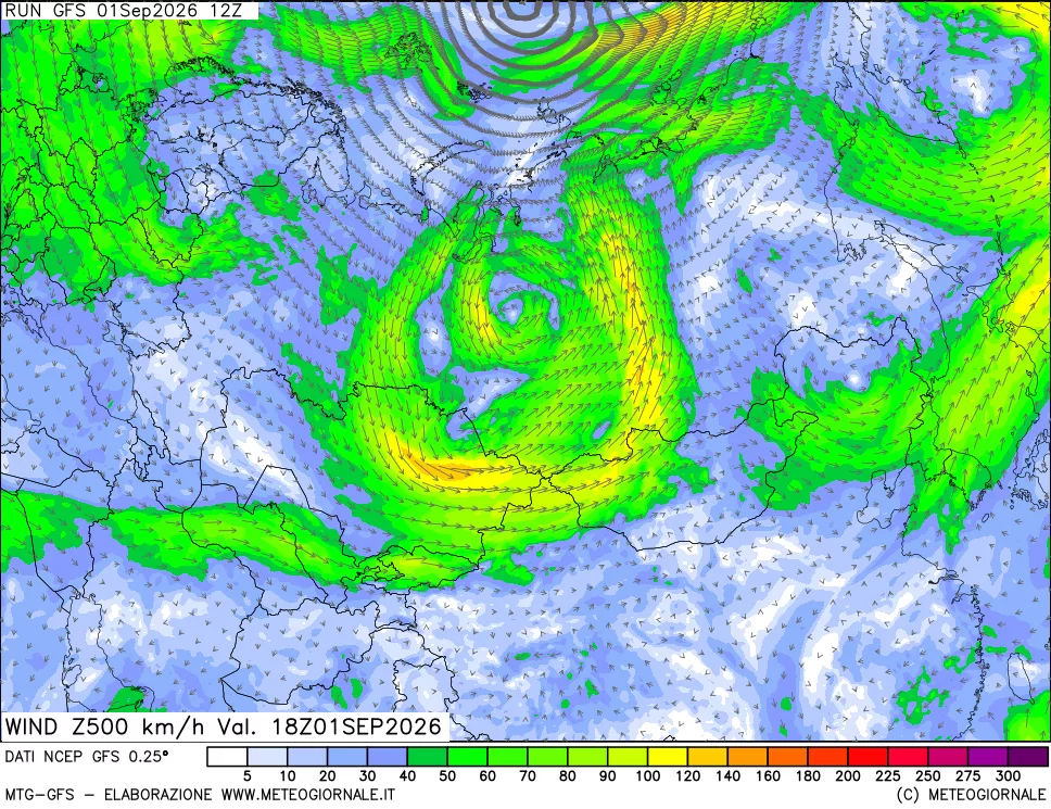 mappa 500 hPa Vento forza e direzione