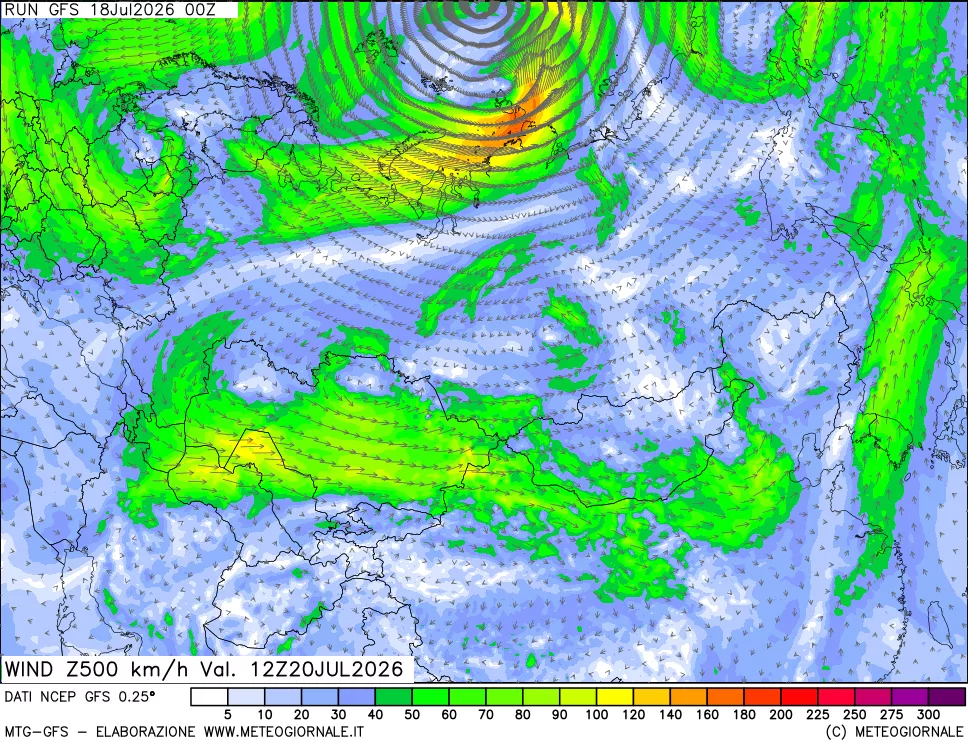 mappa 500 hPa Vento forza e direzione