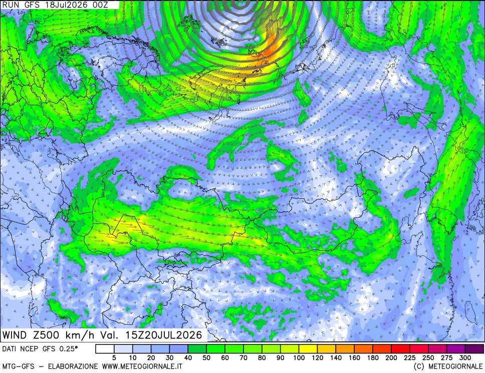 mappa 500 hPa Vento forza e direzione