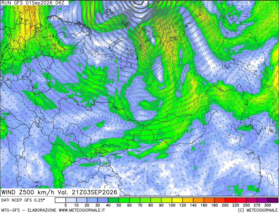 mappa 500 hPa Vento forza e direzione