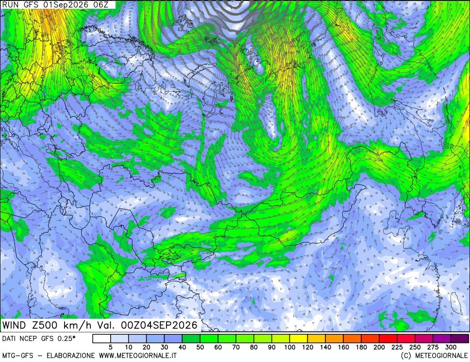 mappa 500 hPa Vento forza e direzione
