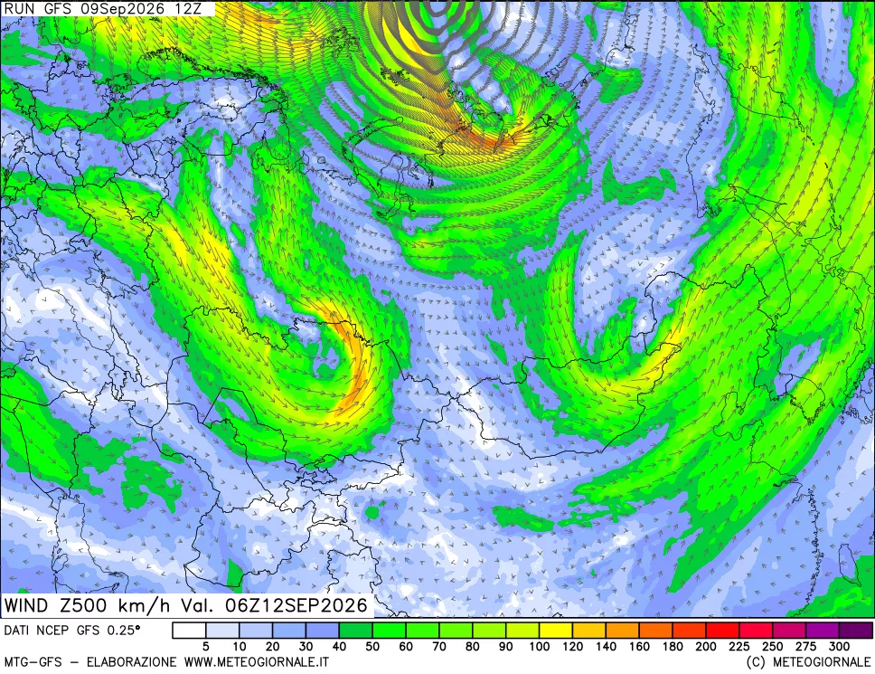mappa 500 hPa Vento forza e direzione