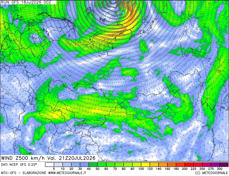 mappa 500 hPa Vento forza e direzione