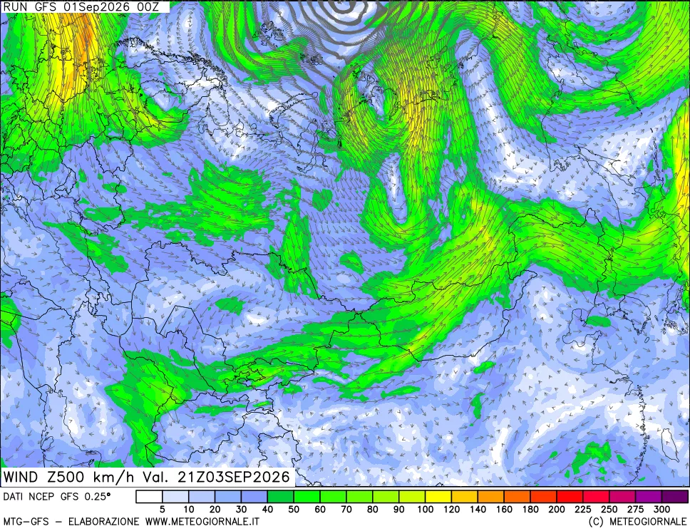 mappa 500 hPa Vento forza e direzione