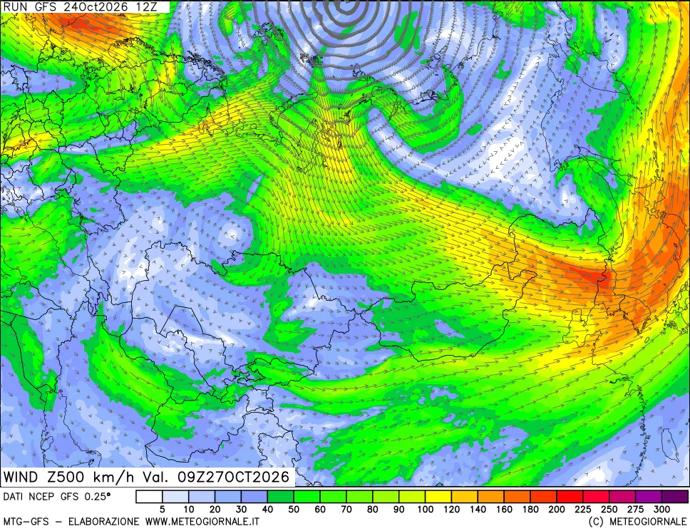 mappa 500 hPa Vento forza e direzione