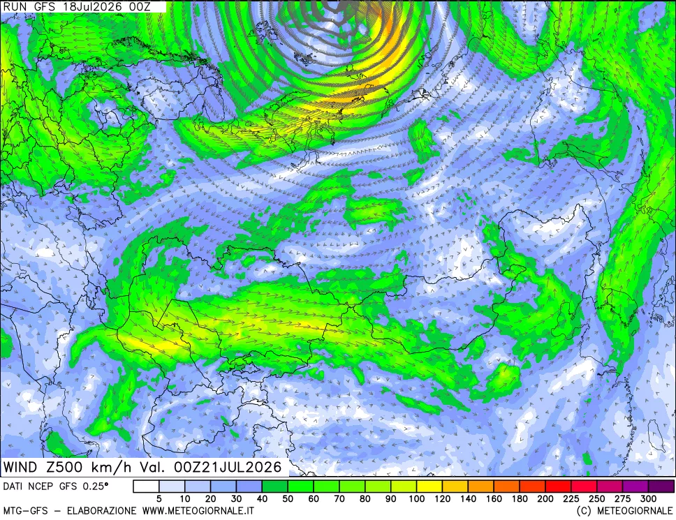 mappa 500 hPa Vento forza e direzione