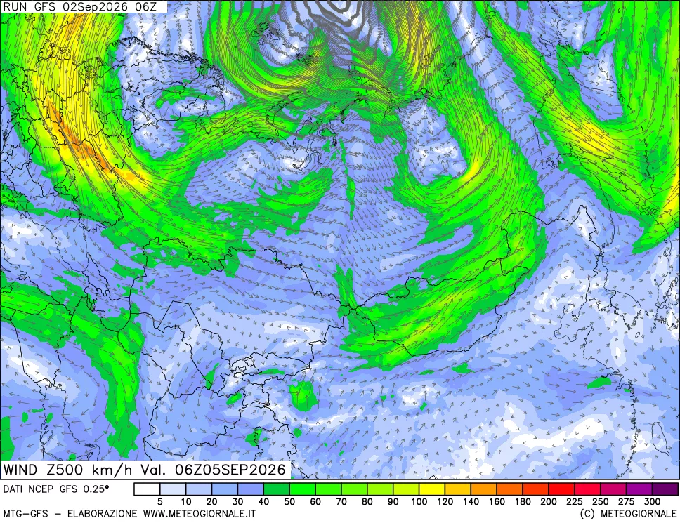 mappa 500 hPa Vento forza e direzione
