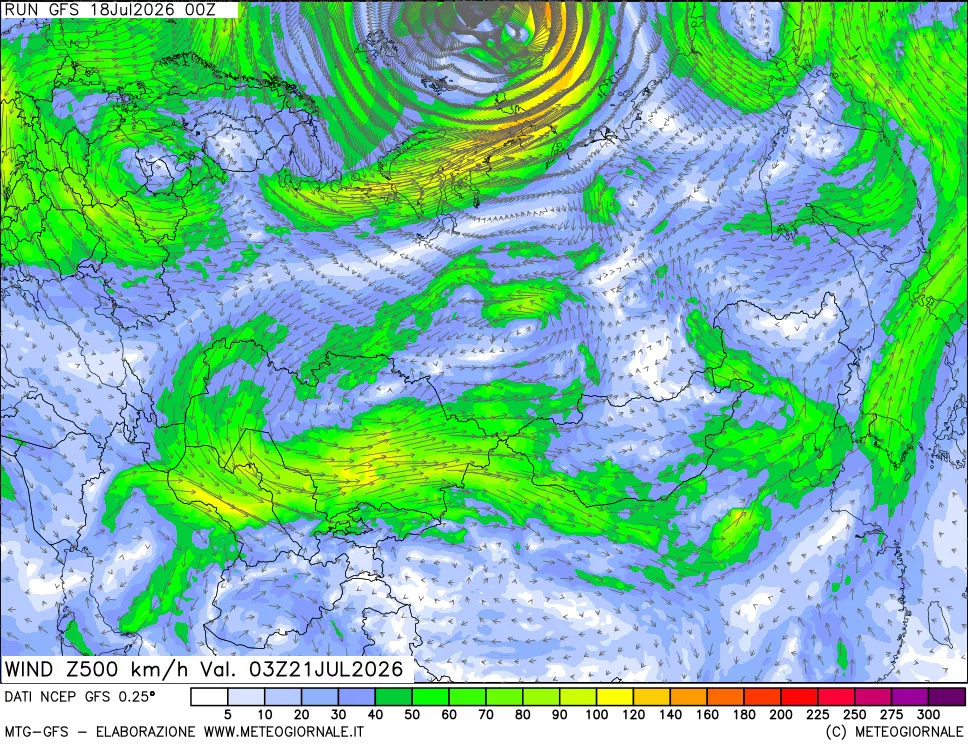 mappa 500 hPa Vento forza e direzione