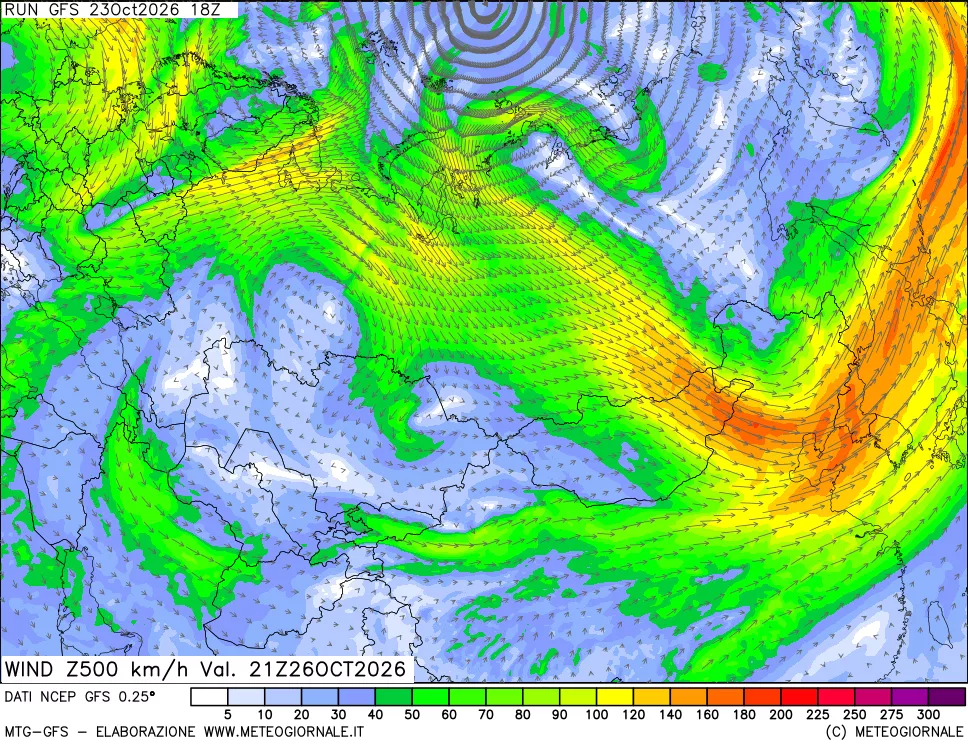 mappa 500 hPa Vento forza e direzione