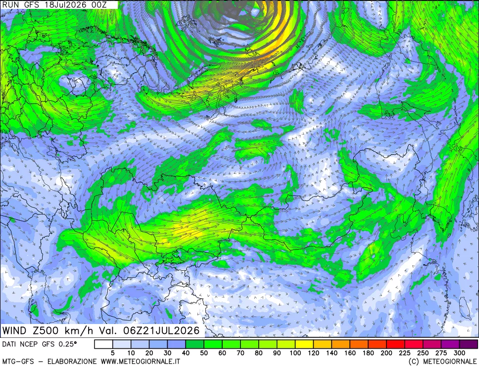 mappa 500 hPa Vento forza e direzione