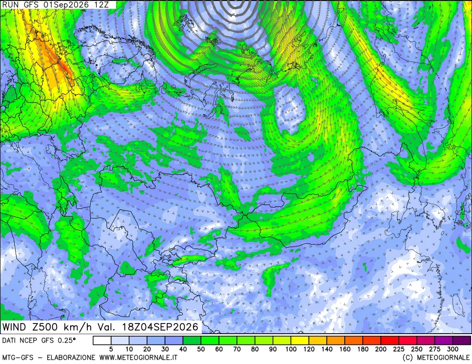 mappa 500 hPa Vento forza e direzione