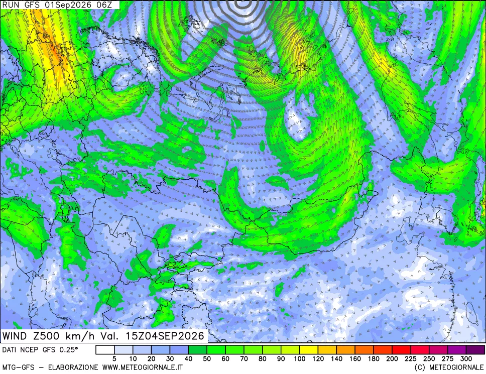 mappa 500 hPa Vento forza e direzione