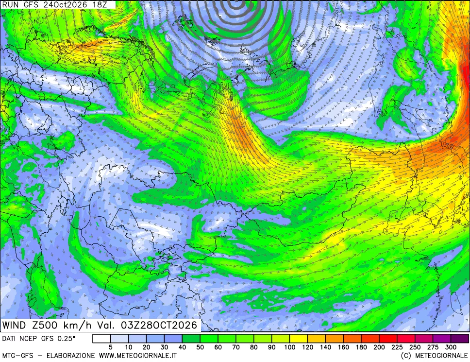 mappa 500 hPa Vento forza e direzione