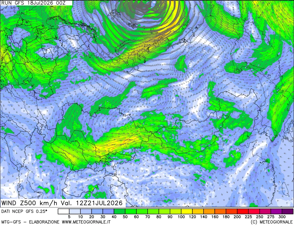 mappa 500 hPa Vento forza e direzione