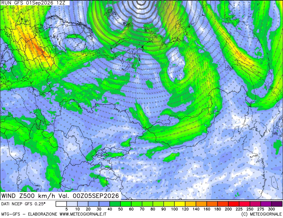 mappa 500 hPa Vento forza e direzione
