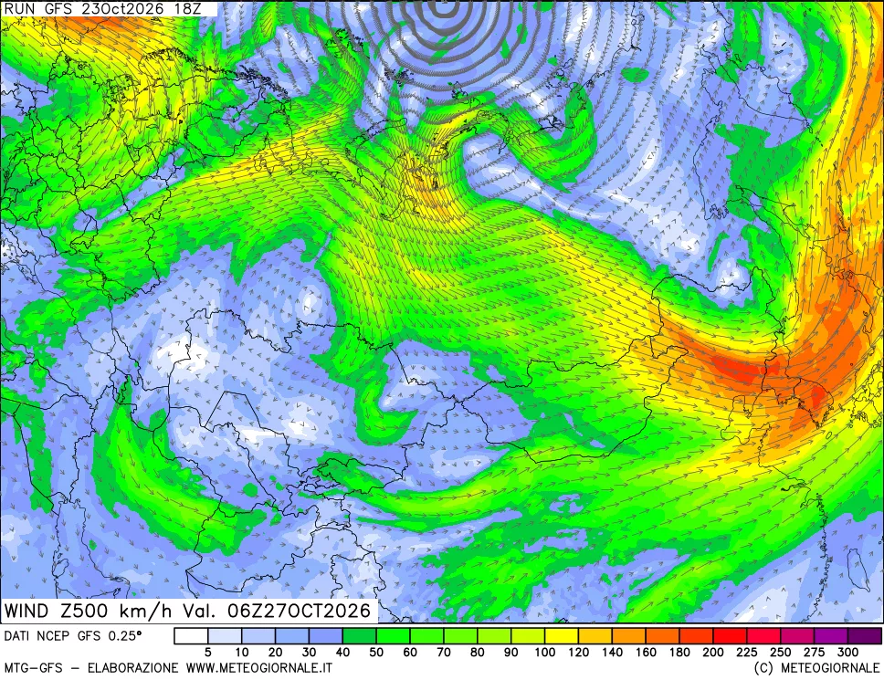 mappa 500 hPa Vento forza e direzione