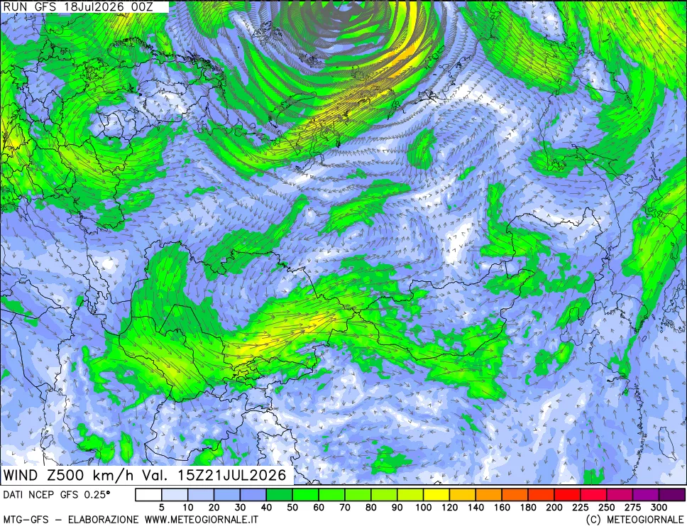 mappa 500 hPa Vento forza e direzione